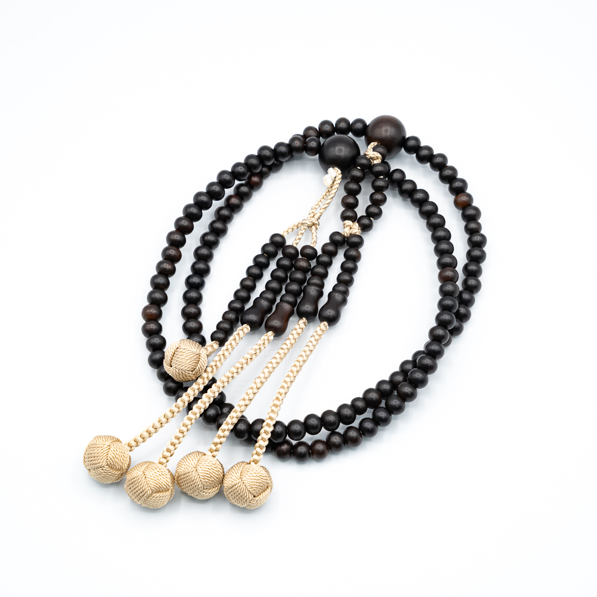 縞黒檀 素挽 ベージュ房 数珠 尺寸（大・男性向け） 木 カガリ梵天