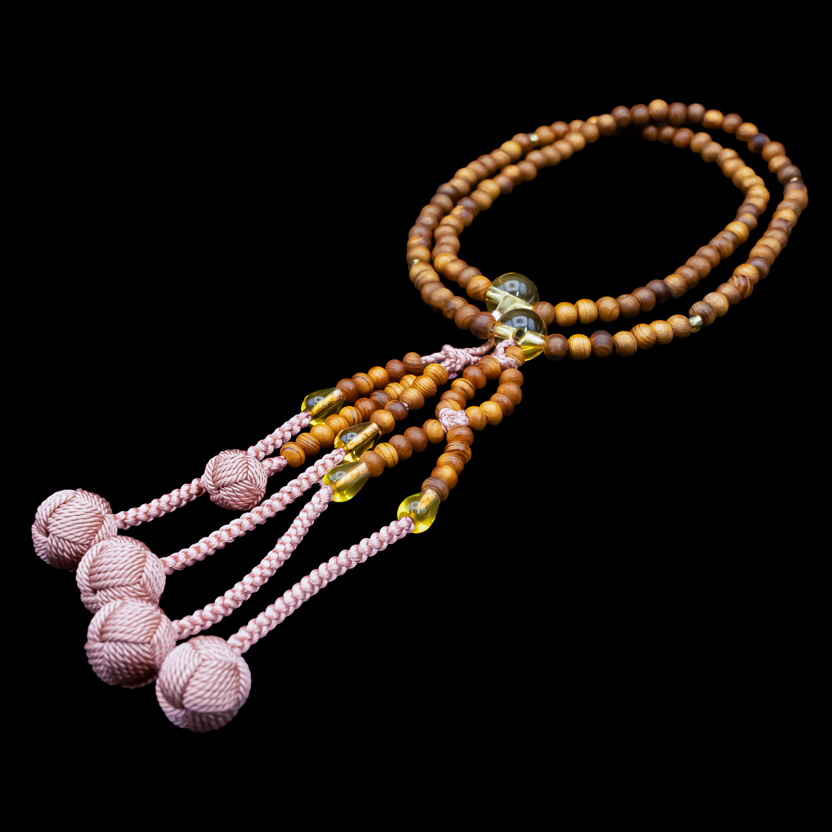屋久杉 数珠 8寸（小・女性向け） 黄水晶仕立 カガリ梵天 サンゴ 宝石