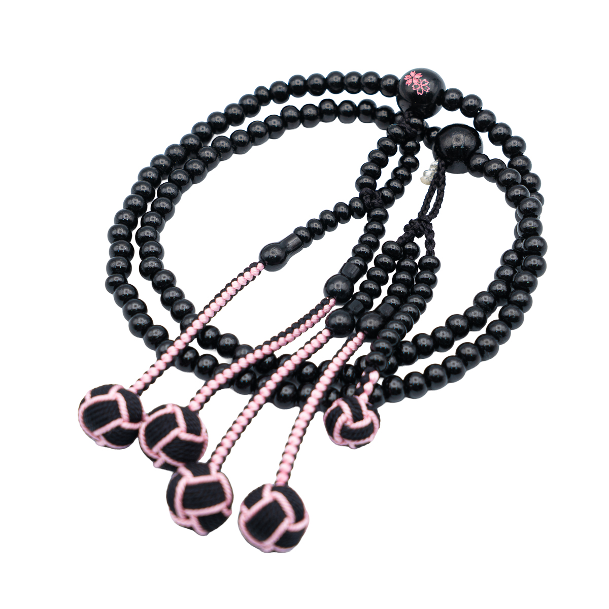 黒檀 桜彫り 数珠 8寸（小・女性向け） 木 カガリ梵天 黒ピンク房 紙箱