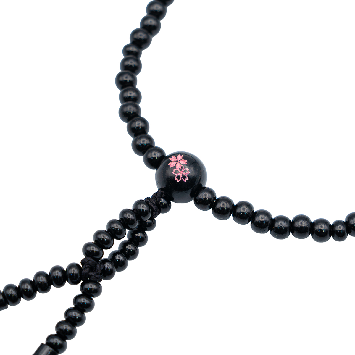 黒檀 桜彫り 数珠 8寸（小・女性向け） 木 カガリ梵天 黒ピンク房 紙箱