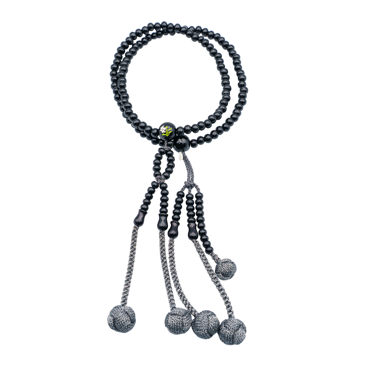 黒檀 白百合彫り 数珠 8寸（小・女性向け） 木 カガリ梵天 黒銀房